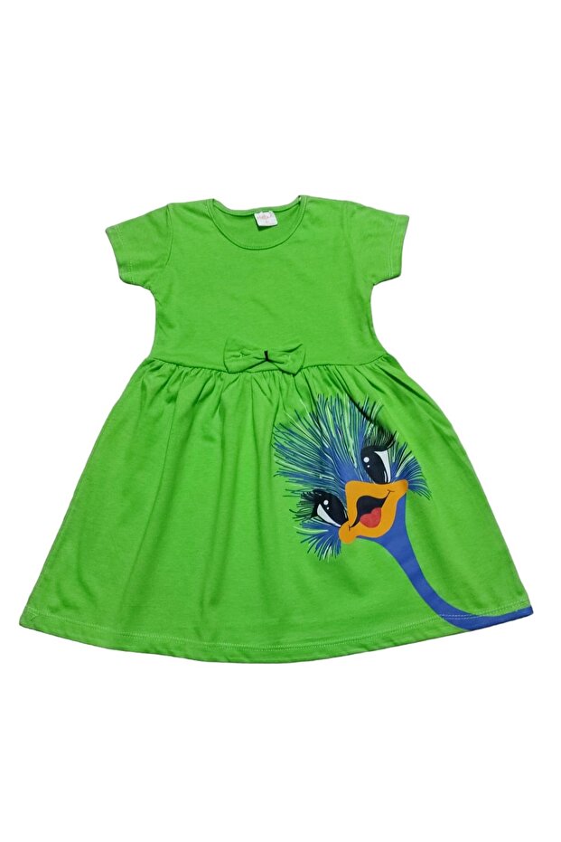 Curious Bird Printed Girl's Short Sleeve Combed Cotton Dress