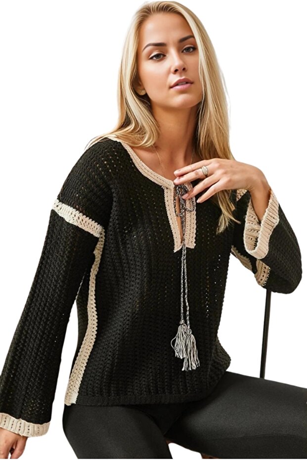 Black Knitwear Sweater - Long Sleeve, Openwork Collar and Tie