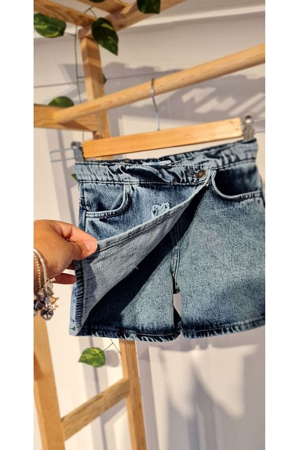 Kalpli Detaylı Yüksek Bel Kot Şort Etek - Yazlık Jean Mini Etek - 4