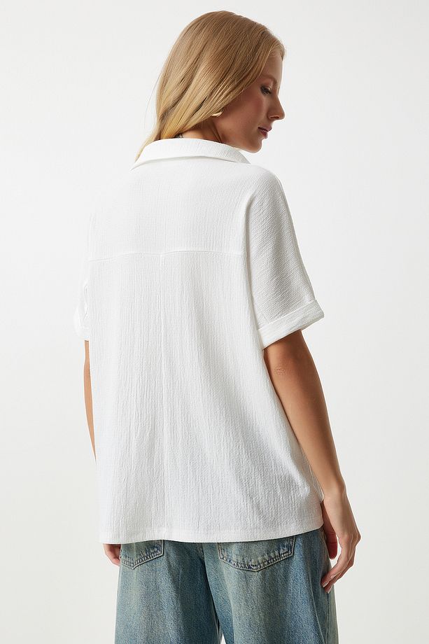 Kadın Ekru Polo Yaka Örme Krinkıl Bluz DD01299 - 6