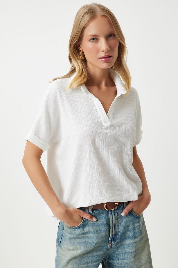 Kadın Ekru Polo Yaka Örme Krinkıl Bluz DD01299 - 3