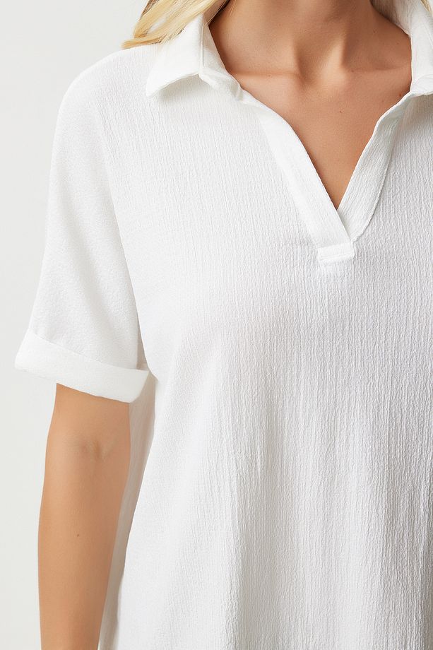 Kadın Ekru Polo Yaka Örme Krinkıl Bluz DD01299 - 5