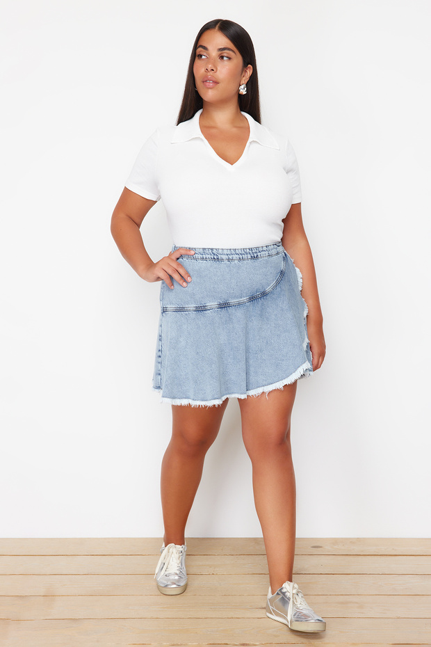Açık Mavi Volan Detaylı Mini Denim Şort Etek TBBSS24AP00027 - 3
