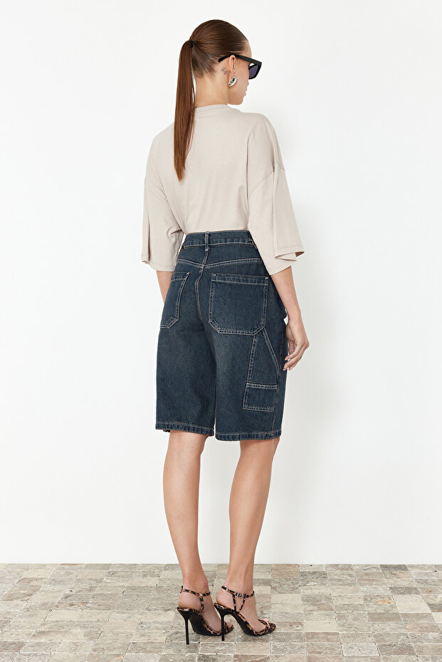 Koyu Mavi Bel Detaylı Yüksek Bel Denim Bermuda TWOSS24SR00173 - 6