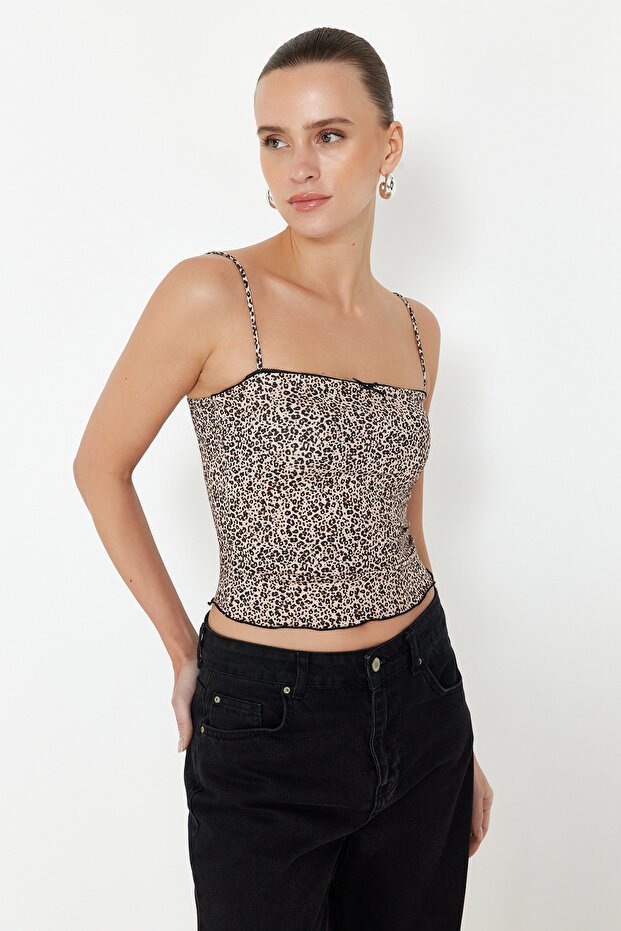 Kahverengi Leopar Baskılı Askılı Crop Süper Esnek Örme Bluz TWOSS24BZ00644 - 1