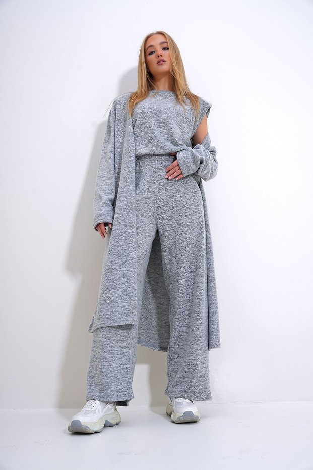 Women's Anthracite Padded Shoulders Crew Neck Blouse Trousers and Cardigan Fine Knit Set ALC-X4710
