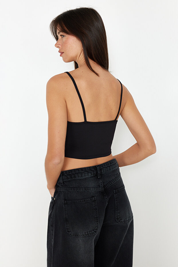 Siyah-Vizon 2'li Paket Poliamid İçerikli Askılı Crop Fitted Esnek Örme Atlet TWOSS24AL00053 - 5
