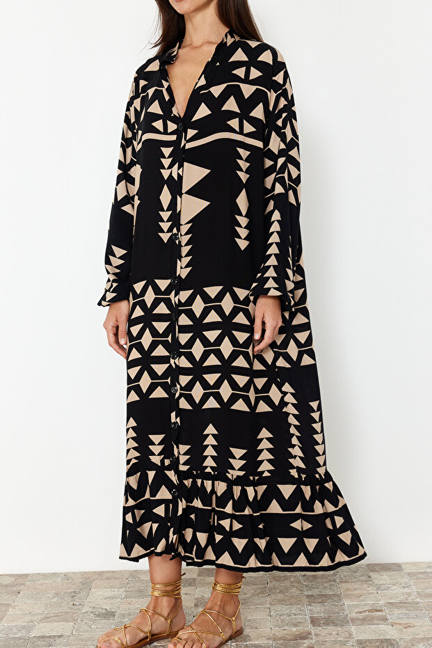 Siyah Midi Geniş Kesim Bordür Desen Detaylı Boho Dokuma Elbise TWOSS24EL01019 - 6