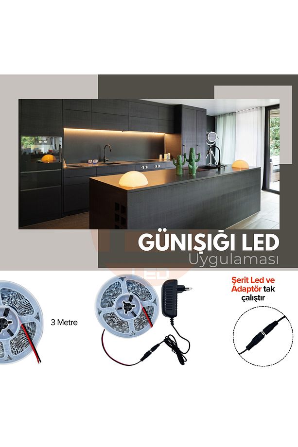 Şerit Led 3 Metre Günışığı Tak Çalıştır Adaptör Dahil | Tezgah, Dolap, Mutfak Aydınlatma - 1
