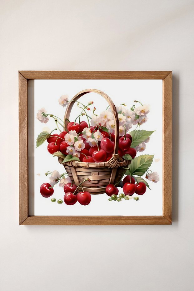 Cherry Basket Painting with Wooden Frame, Watercolor Effect, Cherry Basket Table, Watercolor