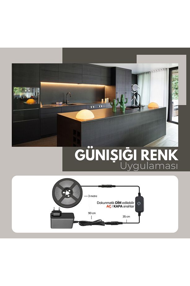 Şerit Led 3 Metre Günışığı Iç Mekan Tak Çalıştır Dokunmatik Aç-kapa Dimmer Anahtar Ve Adaptör Dahil - 1
