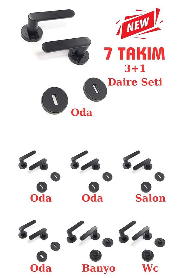 ( 7 Takım ) Barbaros Mat Siyah Yuvarlak Rozetli Kapı Kolu (3 1) Daire Seti ( 5 Oda - 2 Banyo Wc ) - 1