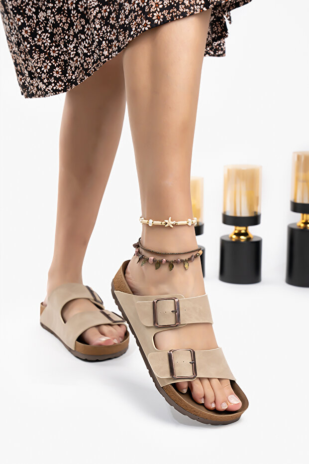 Women's Arizona Beige Double Buckle Slippers