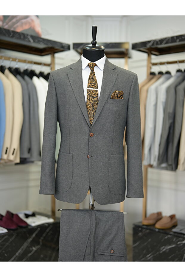 Men's Slim Fit Italian Style Suit with Premium Half Lined Punto Stitching Mono Neck Bag Pocket