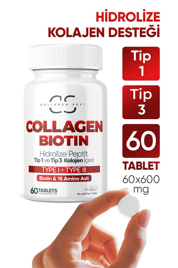 Hidrolize Tip 1 ve Tip 3 Kolajen Peptitler, Biotin ve 15 Amino Asit İçeren 60 Tablet - 1