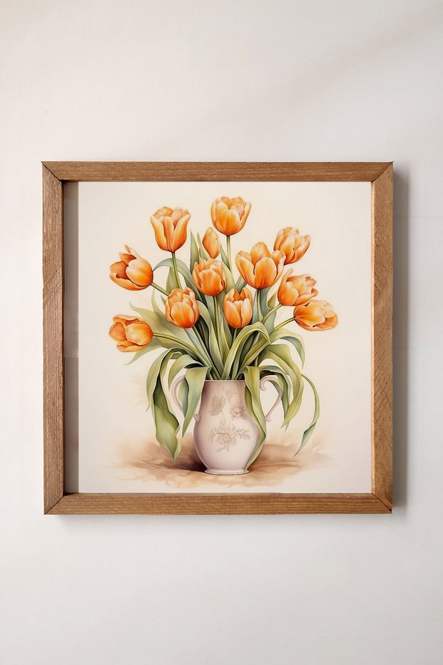 Painting Orange Tulips in a Vase with Wooden Frame, Hand Drawn, Watercolor Tulip