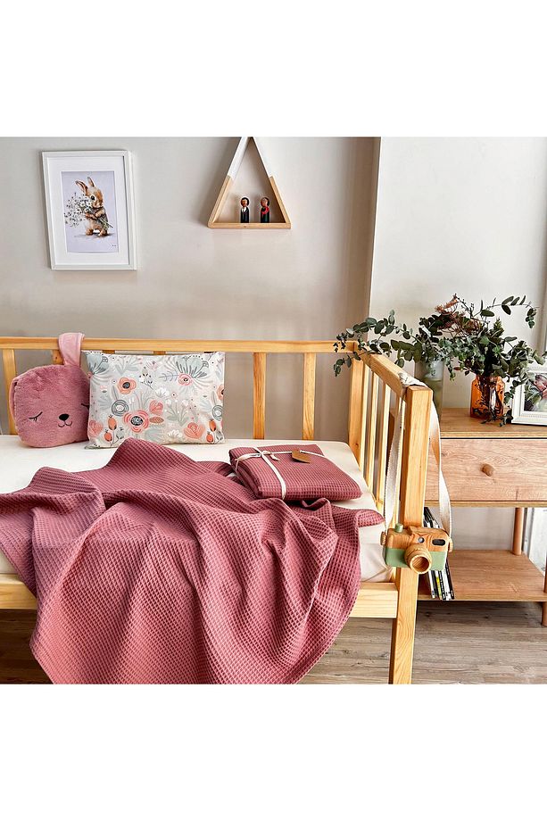 %100 Pamuk Waffle Gül Kurusu Pembe Tek Kişilik Pike - 1
