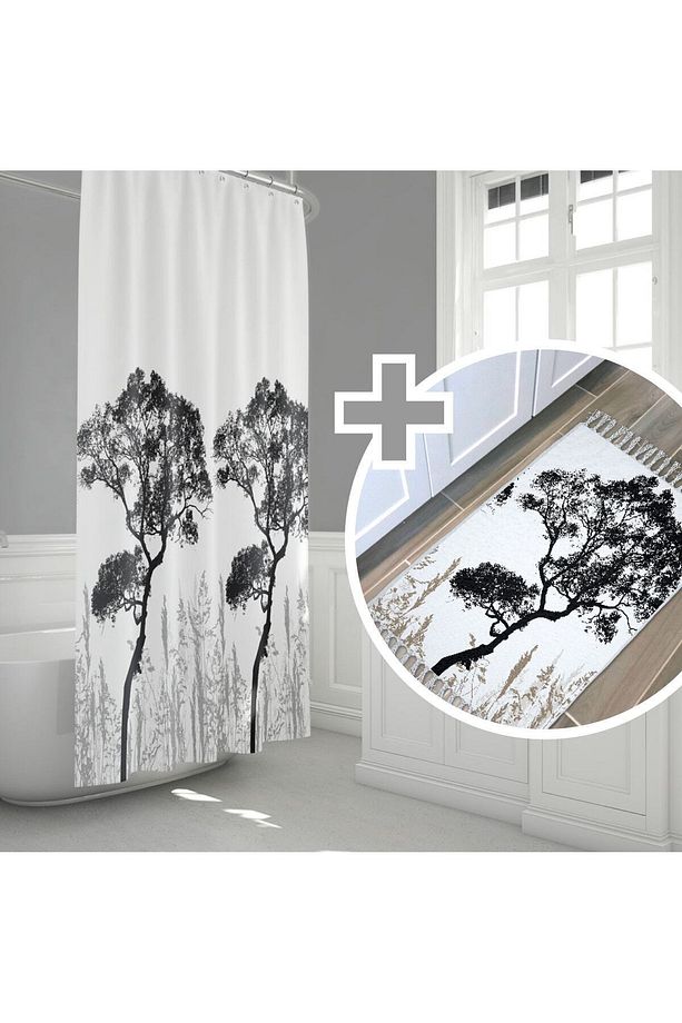 Ağaç Desen Banyo Perde+paspas Seti-kaymaz Taban Kapı Önü Paspas Seti-180x200 Cm Banyo Perdesi Seti - 1