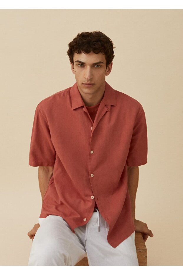 Pamuklu keten bowling yaka gömlek - 7