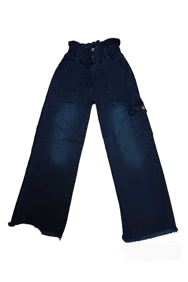 Yeni Sezon Kız Geniş İspanyol Paça Tarz/ Likralı Poşet cepli Beli Yüksek Lastikli Jean/kot Pantolon - 3