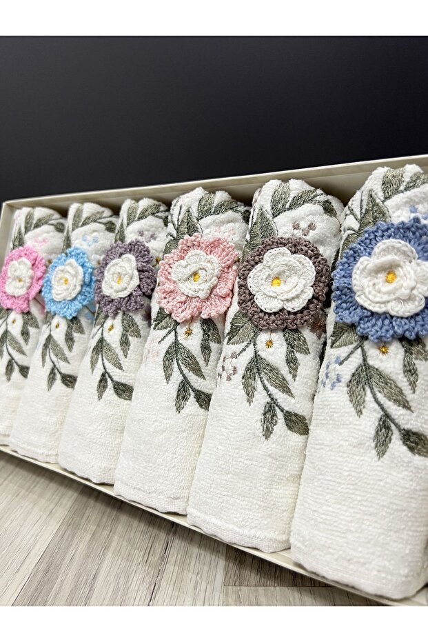 Set of 6 3D Hand Embroidered Flower Bouquet Patterned Boxed Dowry 50x90 Hand and Face Towel Set