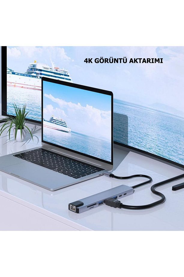 8in1 USB Type-C Hub Port Adaptör uyumlu  HDMI USB Ethernet 100W PD Girişli - 5
