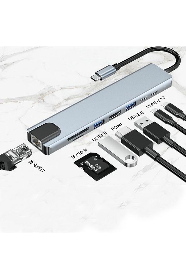 8in1 USB Type-C Hub Port Adaptör uyumlu  HDMI USB Ethernet 100W PD Girişli - 6