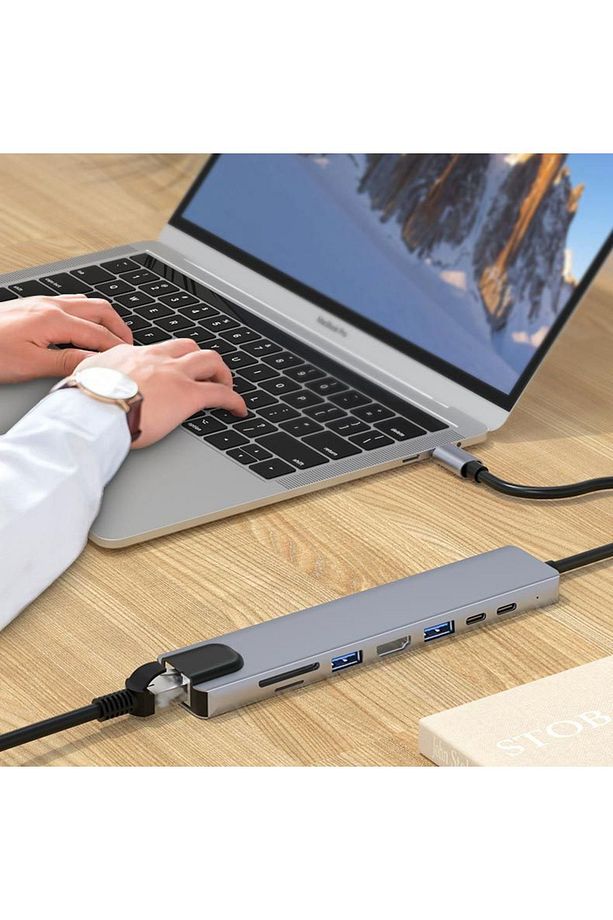 8in1 USB Type-C Hub Port Adaptör uyumlu  HDMI USB Ethernet 100W PD Girişli - 7