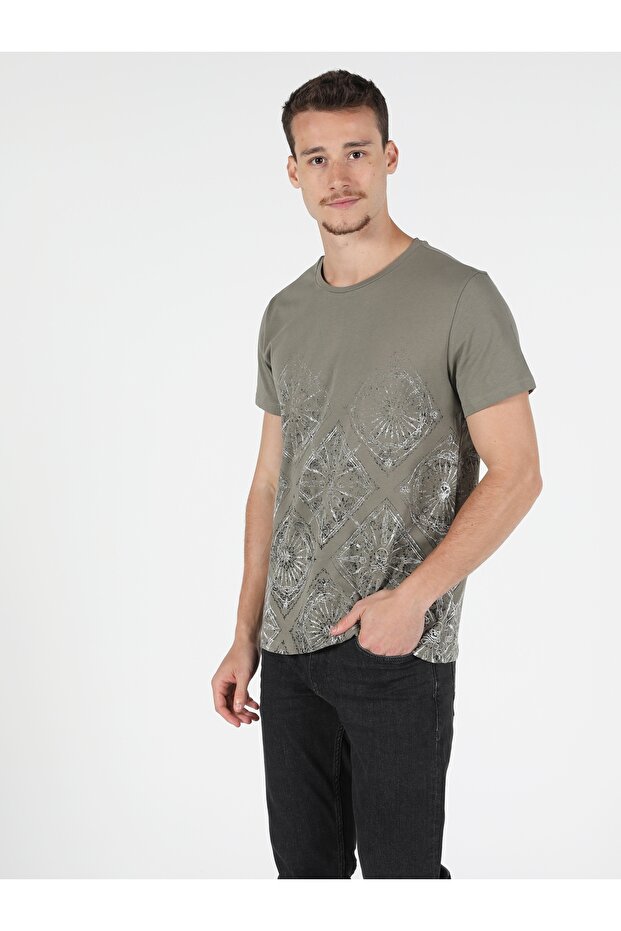 Regular Fit Bisiklet Yaka Örme Erkek Haki Kısa Kol Tişört Cl1049850 - 1