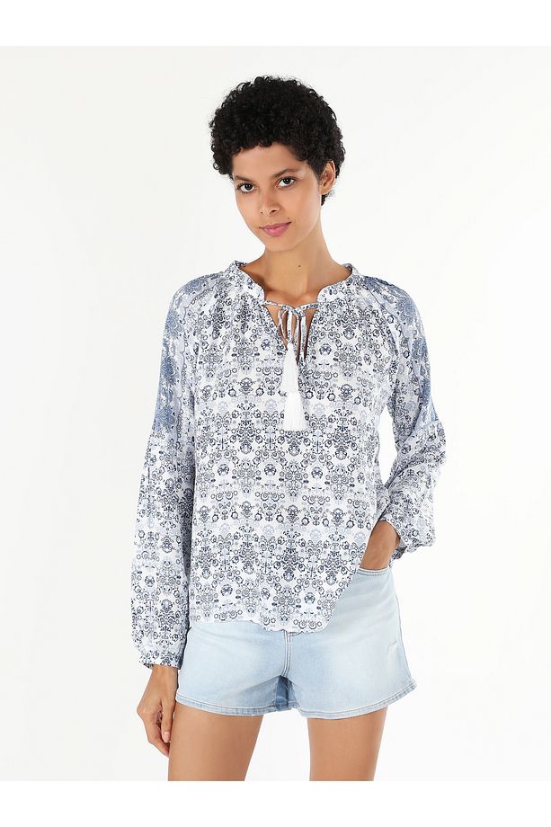 Regular Fit Desenli Mavi Kadın Uzun Kol Bluz Cl1057614 - 3