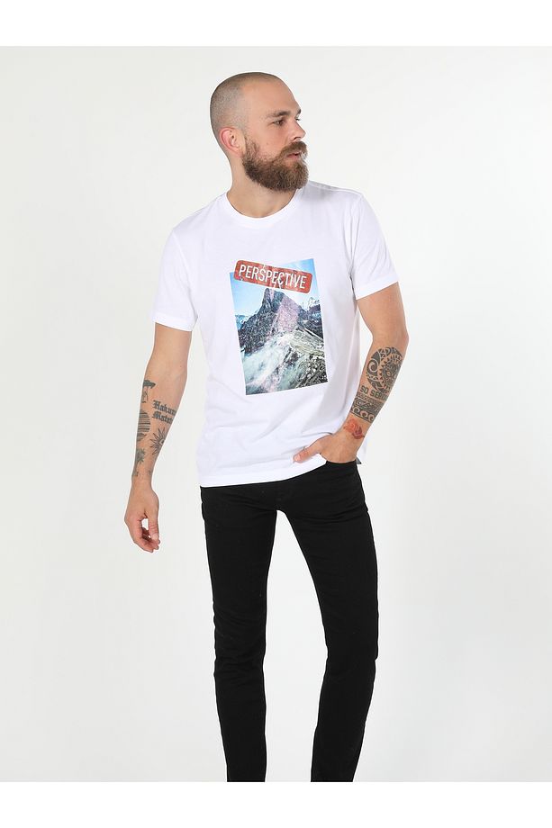 Regular Fit Bisiklet Yaka Baskılı Örme Beyaz Erkek Kısa Kol Tişört Cl1056656 - 3