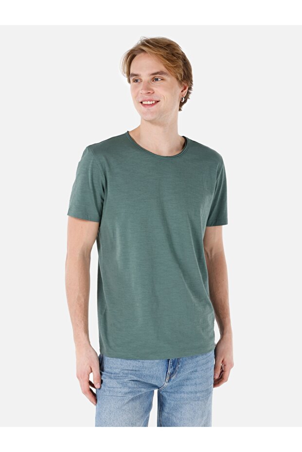 Regular Fit Bisiklet Yaka Basic Yeşil Erkek Kısa Kol Tişört - 6