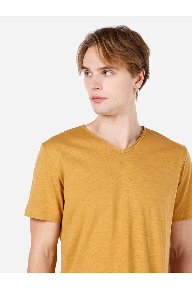 Regular Fit V Yaka Sarı Erkek Kısa Kol Tişört Cl1058584 - 8