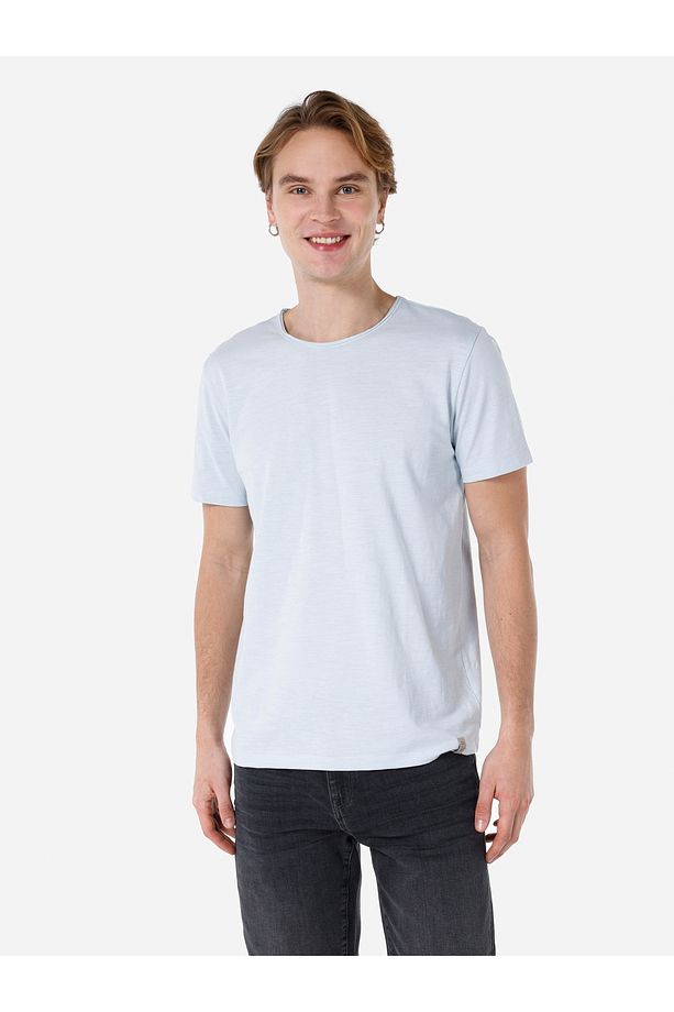 Regular Fit Bisiklet Yaka Basic Mavi Erkek Kısa Kol Tişört Cl1058580 - 5