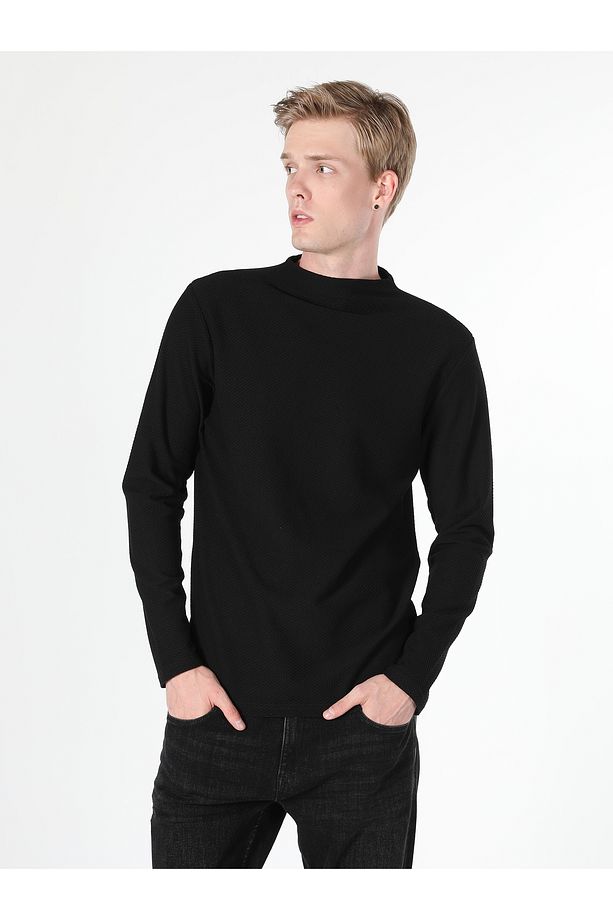 Regular Fit Yarim Balikci Siyah Erkek Uzun Kol Tişört Cl1060115 - 4