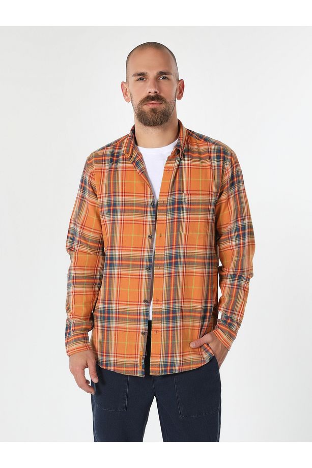 Regular Fit Ekoseli Sarı Erkek Uzun Kol Gömlek Cl1061639 - 4