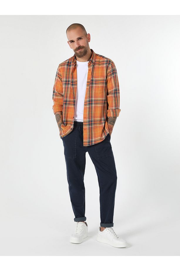 Regular Fit Ekoseli Sarı Erkek Uzun Kol Gömlek Cl1061639 - 3