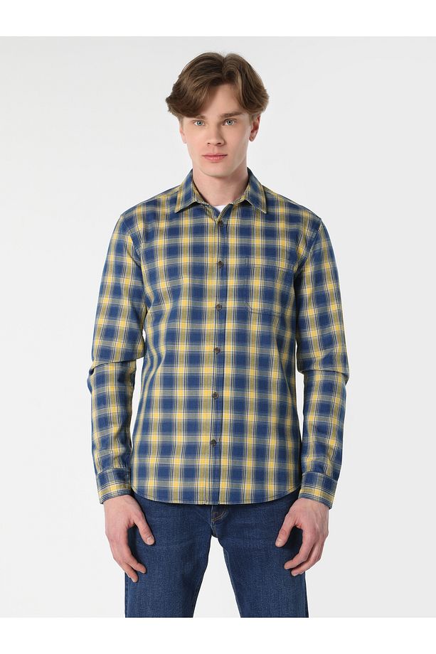 Slim Fit Kareli Mavi Erkek Uzun Kol Gömlek Cl1061650 - 4