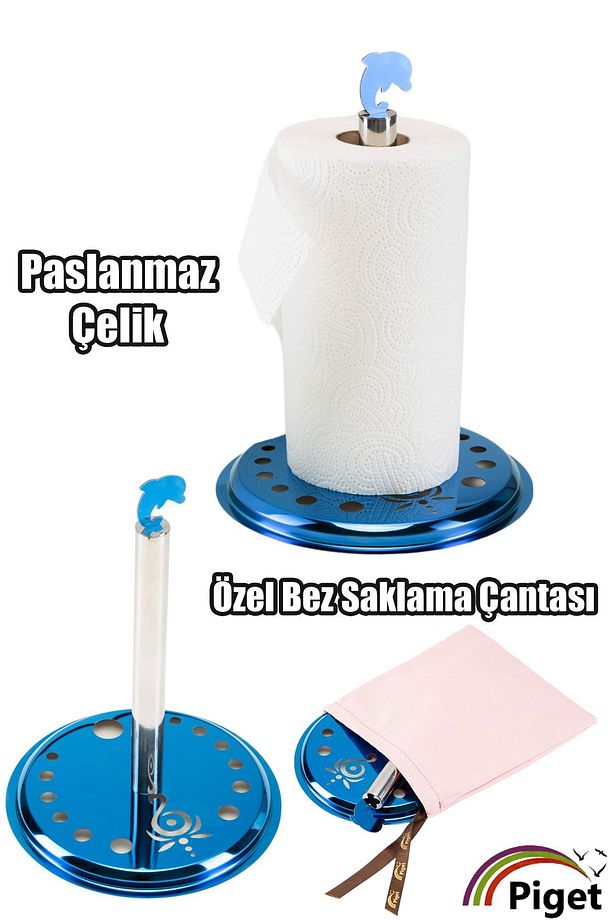 Paslanmaz Çelik Havlu Kağıtlık Yunus Desenli, Mavi Yunus Metal Dolgulu Kağıt Havluluk (Mavi) - 1