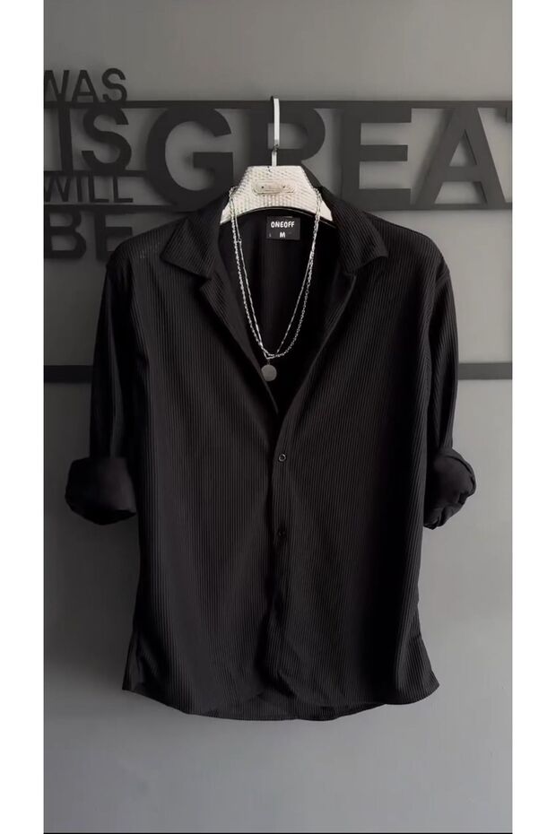 Men's Winter Ribbed Ottoman Textured Black Oversize Shirt