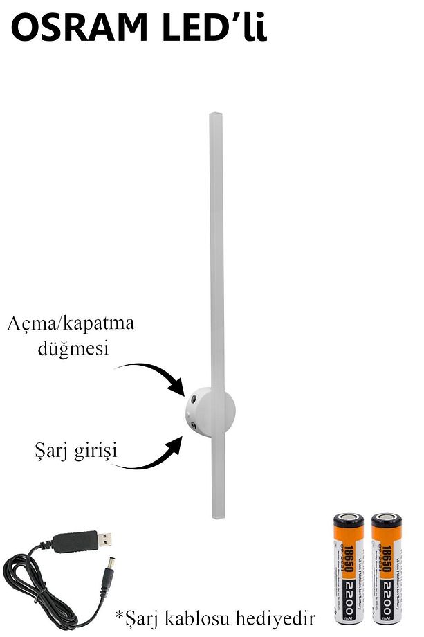 Osram Ledli Şarjlı Pilli Aplik Modern Dekoratif Led Duvar Aplik 68cm Günışığı - 2
