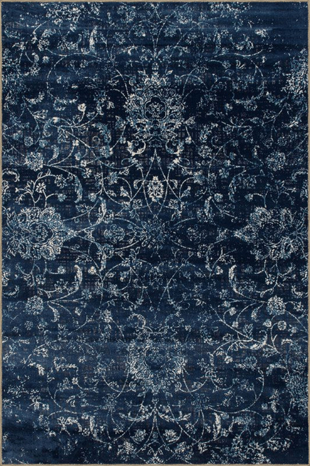 Navy Blue Themed Motif Ethnic Floral Patterned Vintage Decorative Carpet 4914