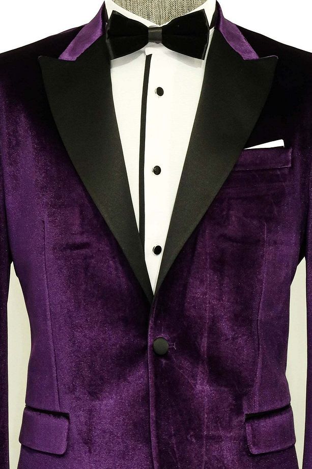 Kadife Slim Fit Tek Düğmeli Mor Erkek Balo Ceket - Wessi - 2
