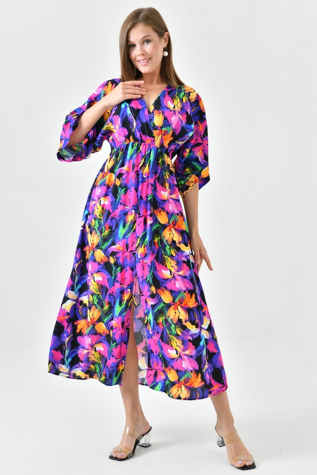 Bat Sleeve Elastic Waist Front Slit Midi Length Double Breasted Collar Floral Summer Purple Dress 3154