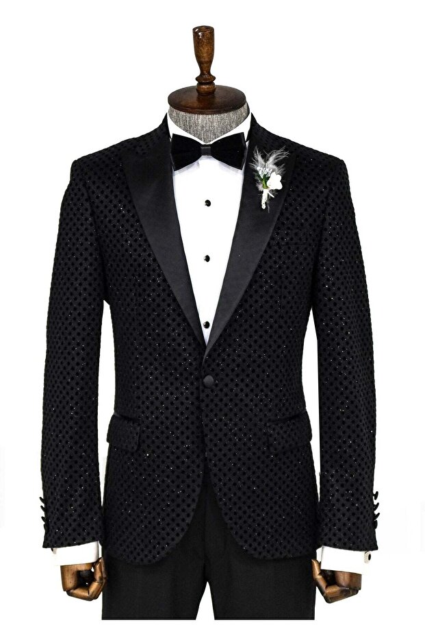 Pullu Nokta Desenli Siyah Erkek Smokin Ceket - Wessi - 1