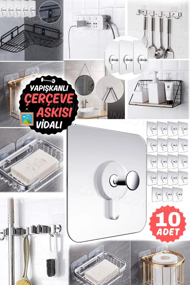 Kendinden Vidalı Duvar Delmenize Gerek Bırakmayan Süper Güçlü Yapışkanlı Raf Tutucu 10'lu Askı Seti - 5