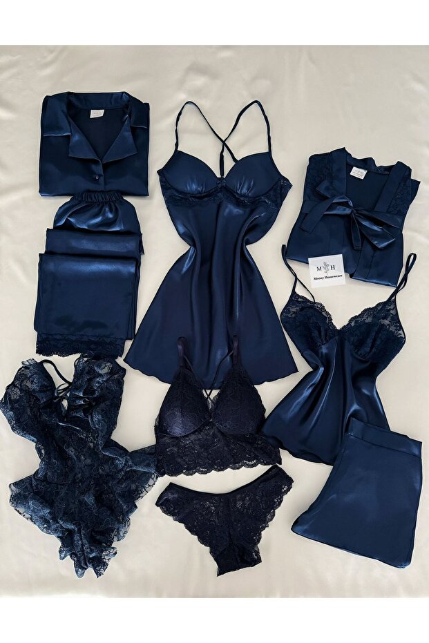 9-Piece Boxed Mekselina Deluxe Satin Covered Nightgown Pajama Underwear Dowry Set