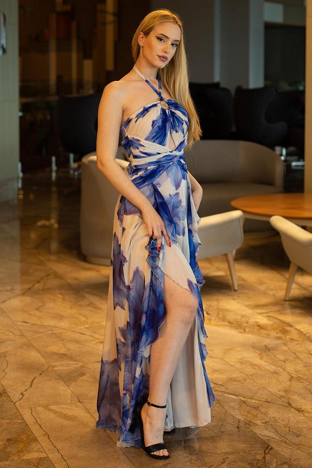Saks Desenli Şifon Abiye Elbise - 4
