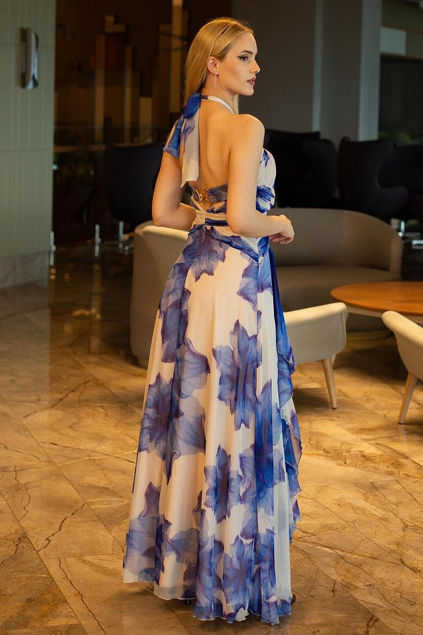 Saks Desenli Şifon Abiye Elbise - 6