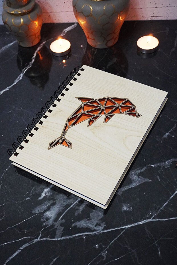 Dolphin Patterned Figured Wooden Cover Diary Notebook - Unlined A5 Memory Notebook - 1